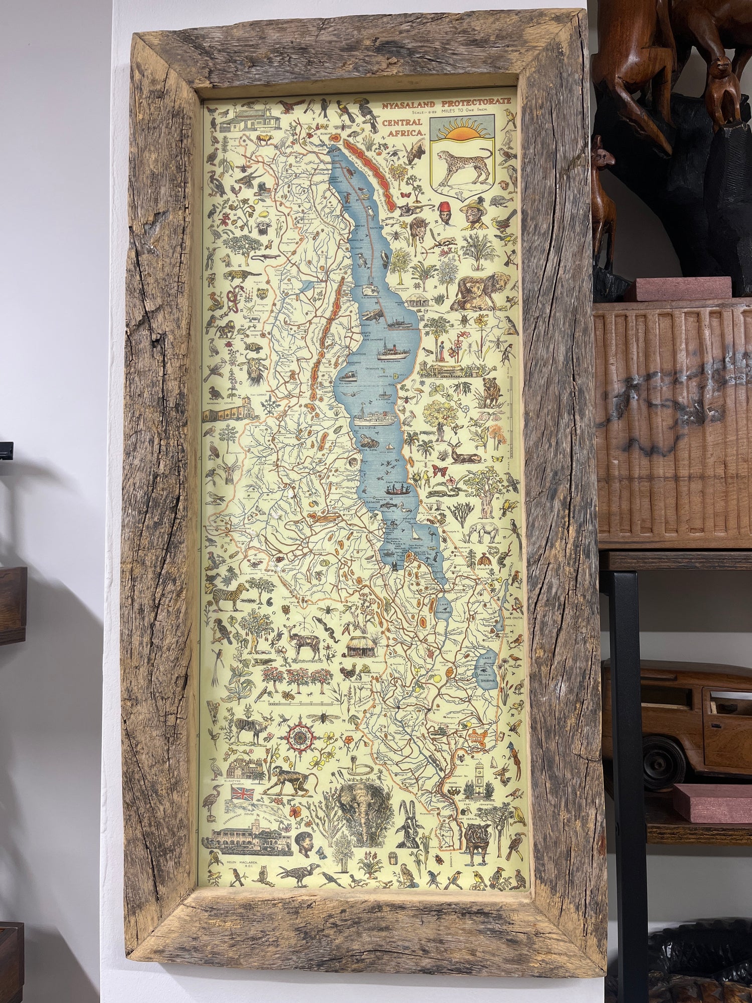 Detailed Map Drawing of Malawi framed on reclaimed Canoe Wood from Lake Malawi