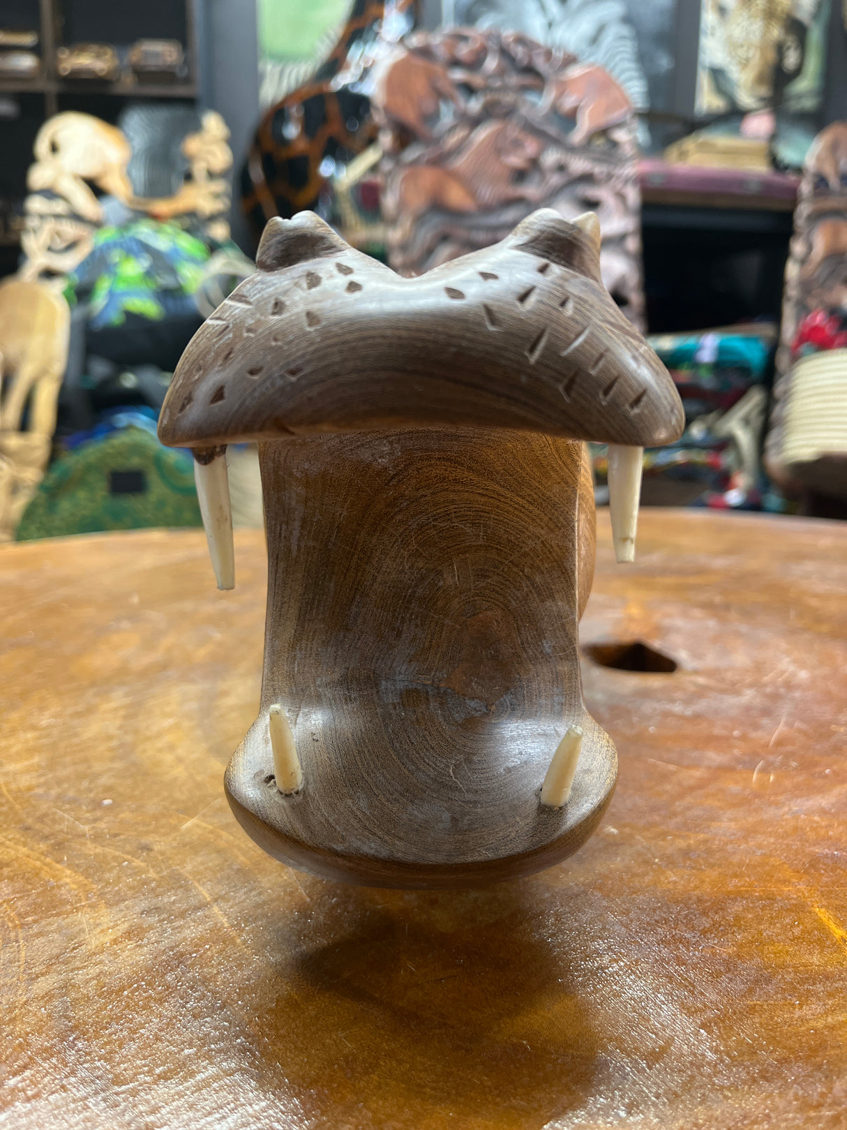 Hand Carved Wooden Hippo - Mouth Open With Teeth
