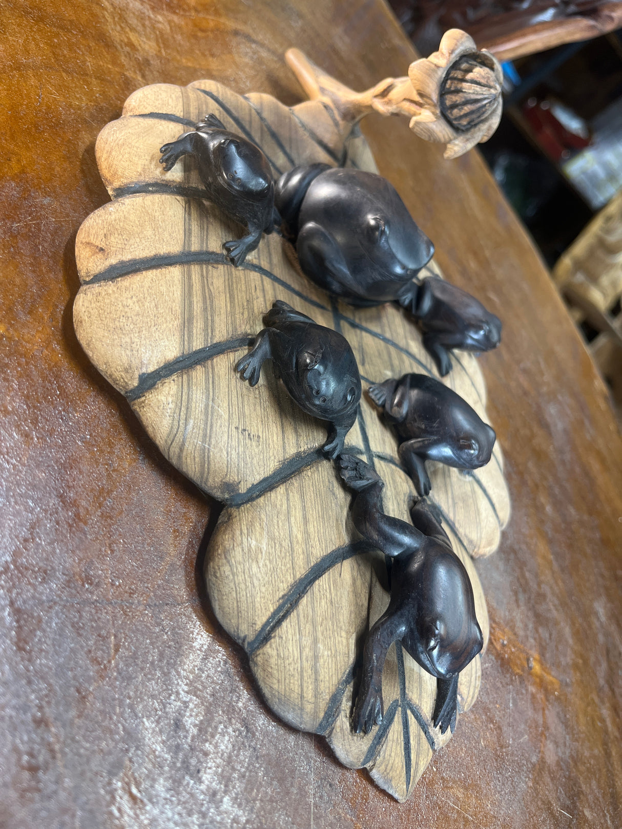 Beautiful Frog family on Lilly Hand Carved Malawi