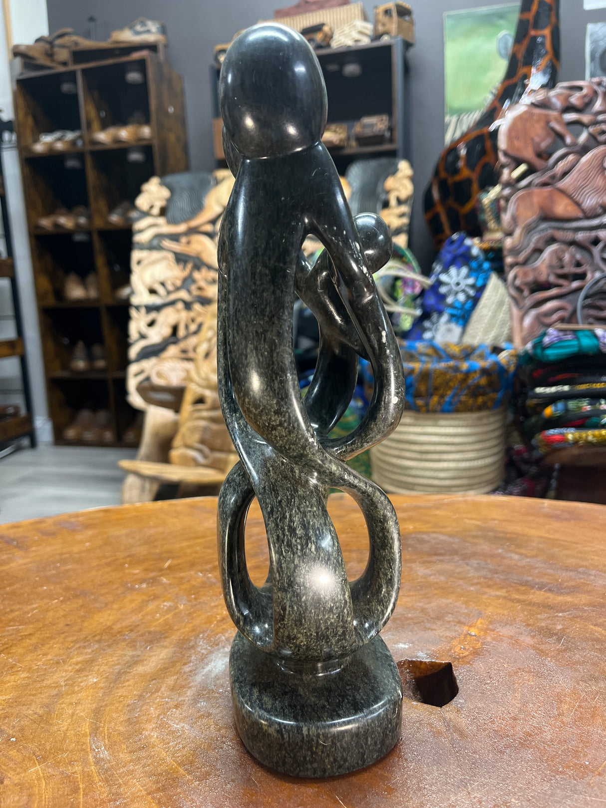 Hand Carved Stunning Green Stone Abstract Sculpture - Parents and Two Children (Slim)