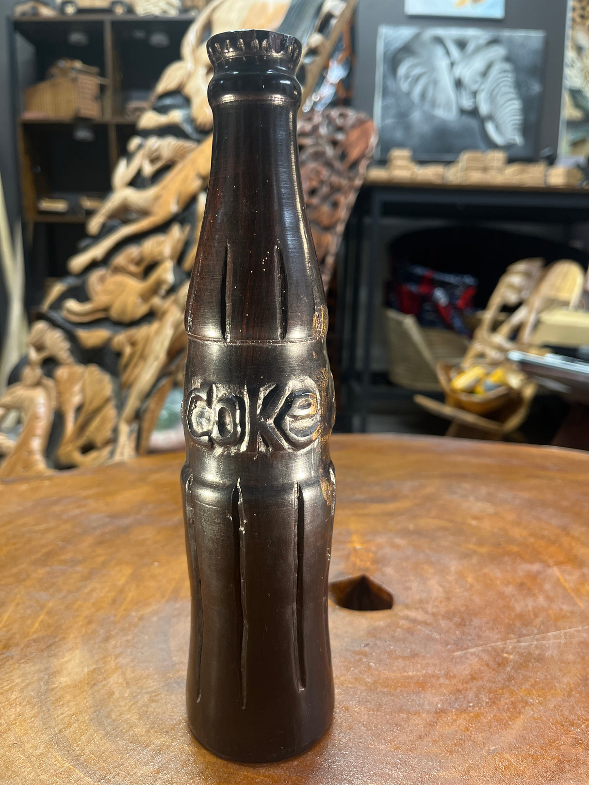 Polished Ebony Hand Carved Coca-Cola (Coke) Bottle (Tanzania)
