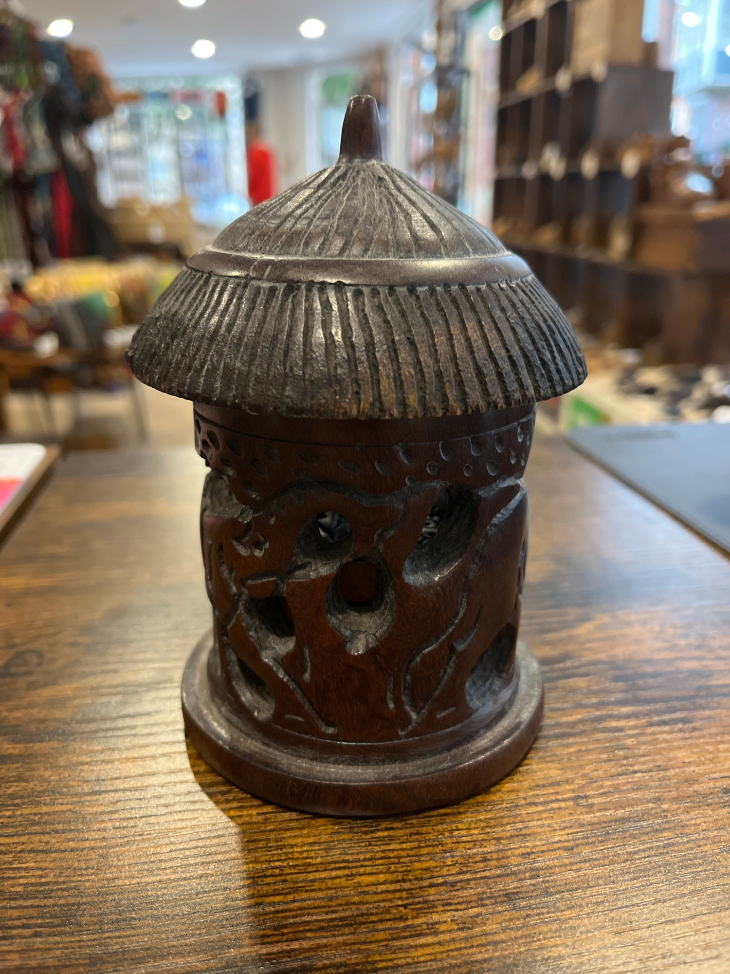 Hand Carved Ebony African Hut with Rhino and Elephant Design Coaster Set with 4 Coasters