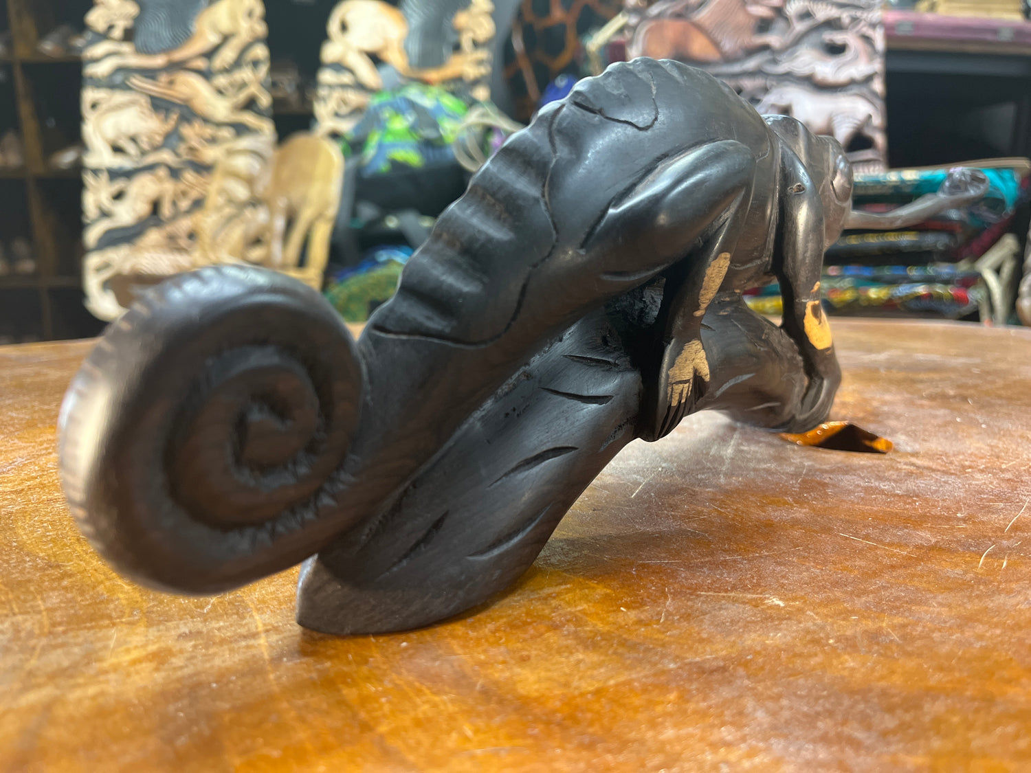 Hand Carved Ebony Lizard / Gecko on a Tree Branch Catching a Fly