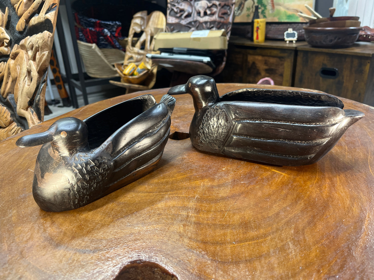 Handmade Ebony Pair of Ducks Decorative and Useful Storage Ornament
