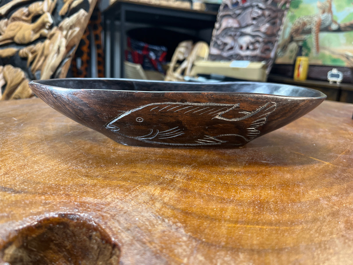 Ebony Wooden Tray / Dish with Fish Engraving on Sides