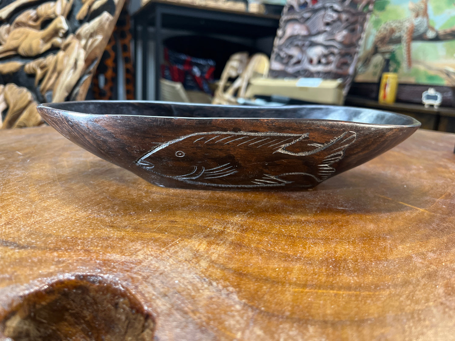 Ebony Wooden Tray / Dish with Fish Engraving on Sides