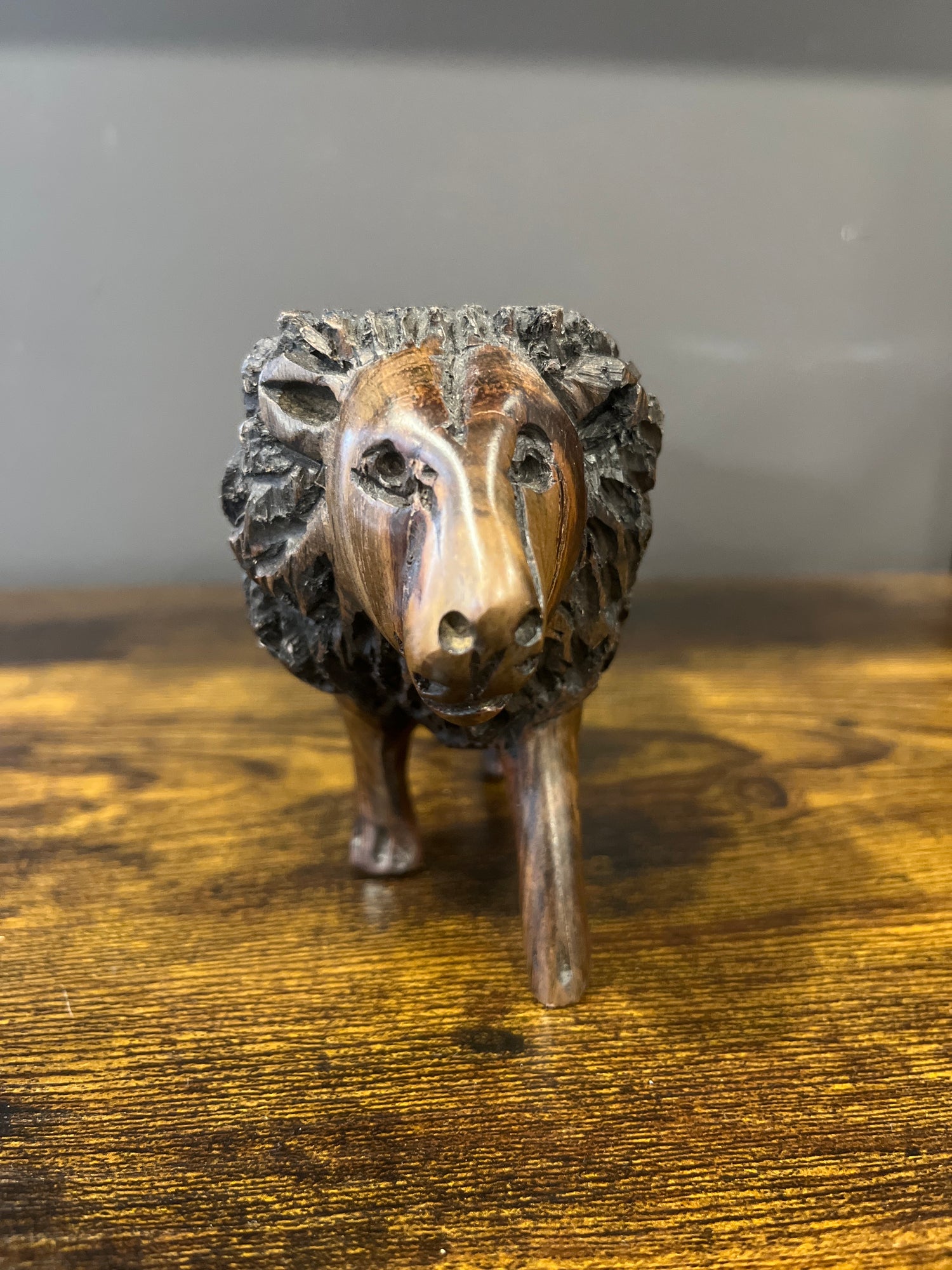 Small Hand Carved Wooden Lion Fresh Faced with An Intricate Mane