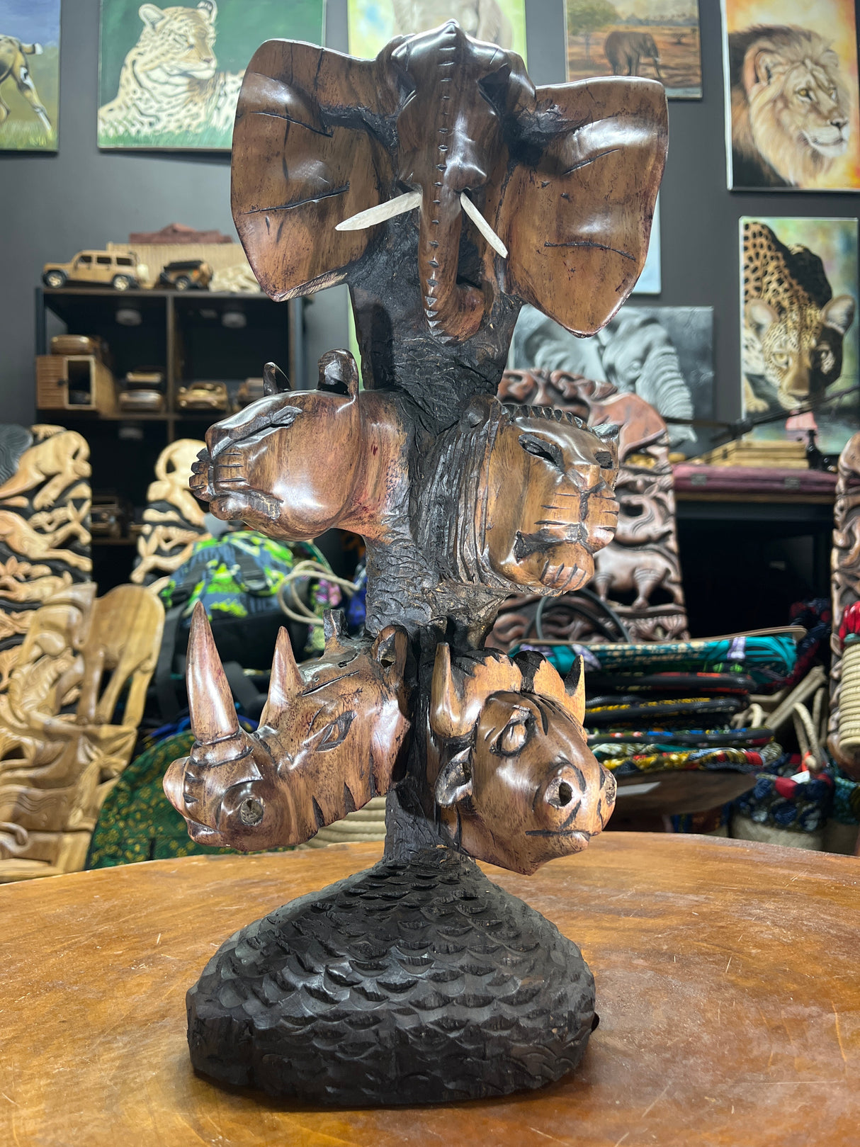 Hand Carved ‘Big 5’ On a Tree Trunk Ornament - Elephant, Leopard, Lion, Rhino, Buffalo