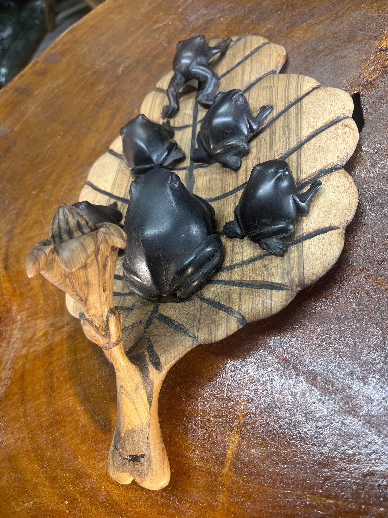 Beautiful Frog family on Lilly Hand Carved Malawi