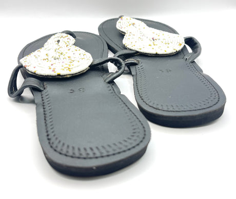 White and Gold Beaded Black Slippers