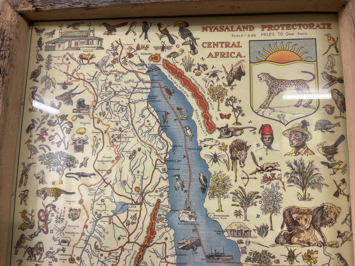 Detailed Map Drawing of Malawi framed on reclaimed Canoe Wood from Lake Malawi