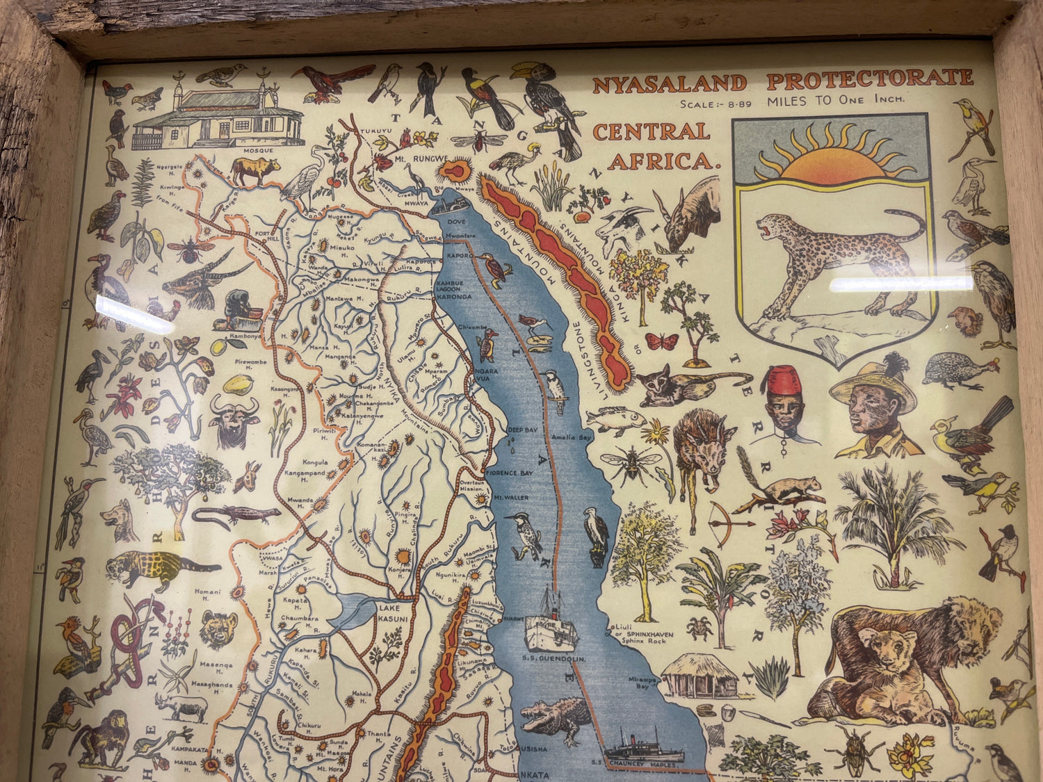 Detailed Map Drawing of Malawi framed on reclaimed Canoe Wood from Lake Malawi