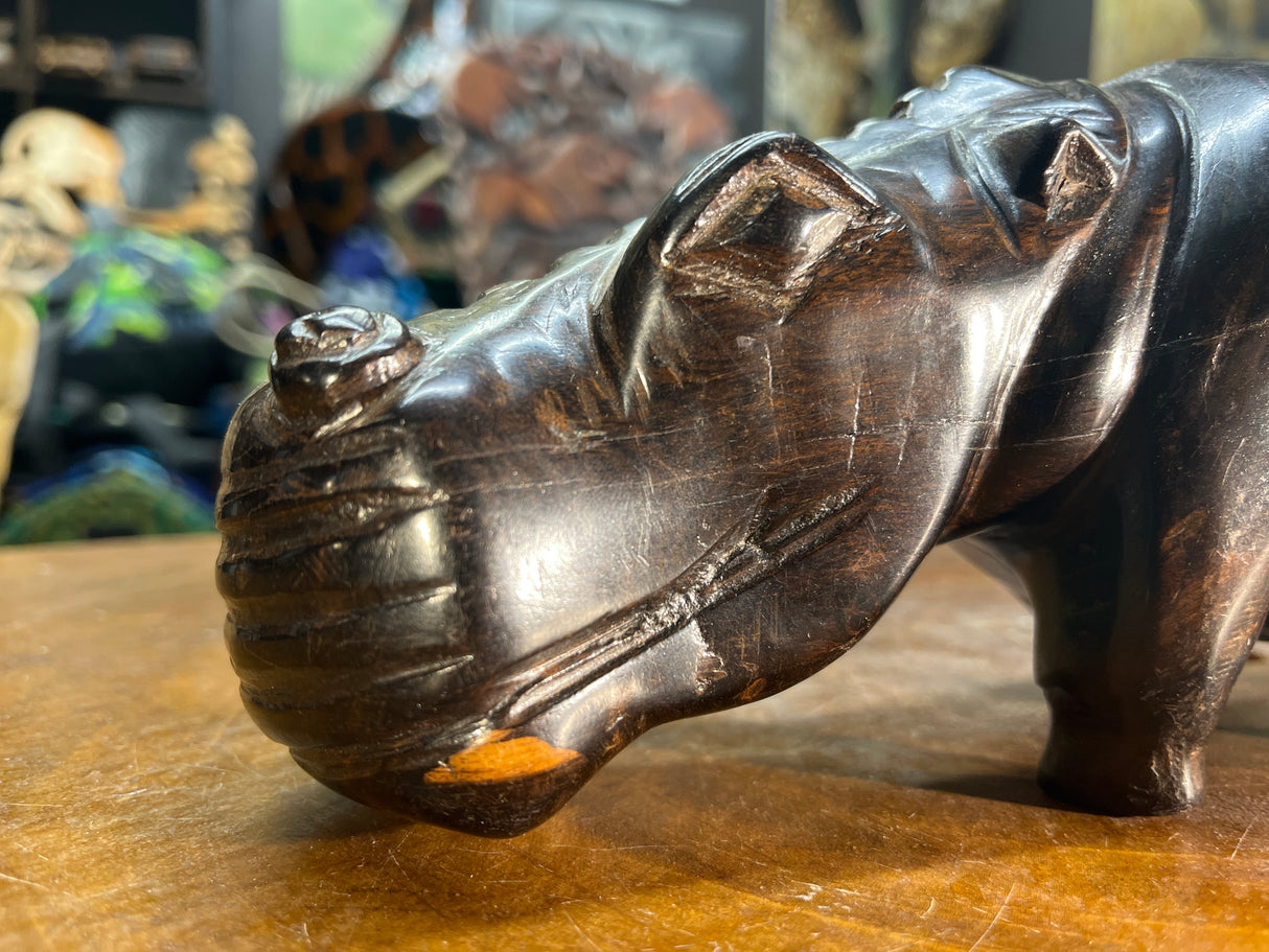 Hand Carved Dark Brown Wooden Hippo - Mouth Closed