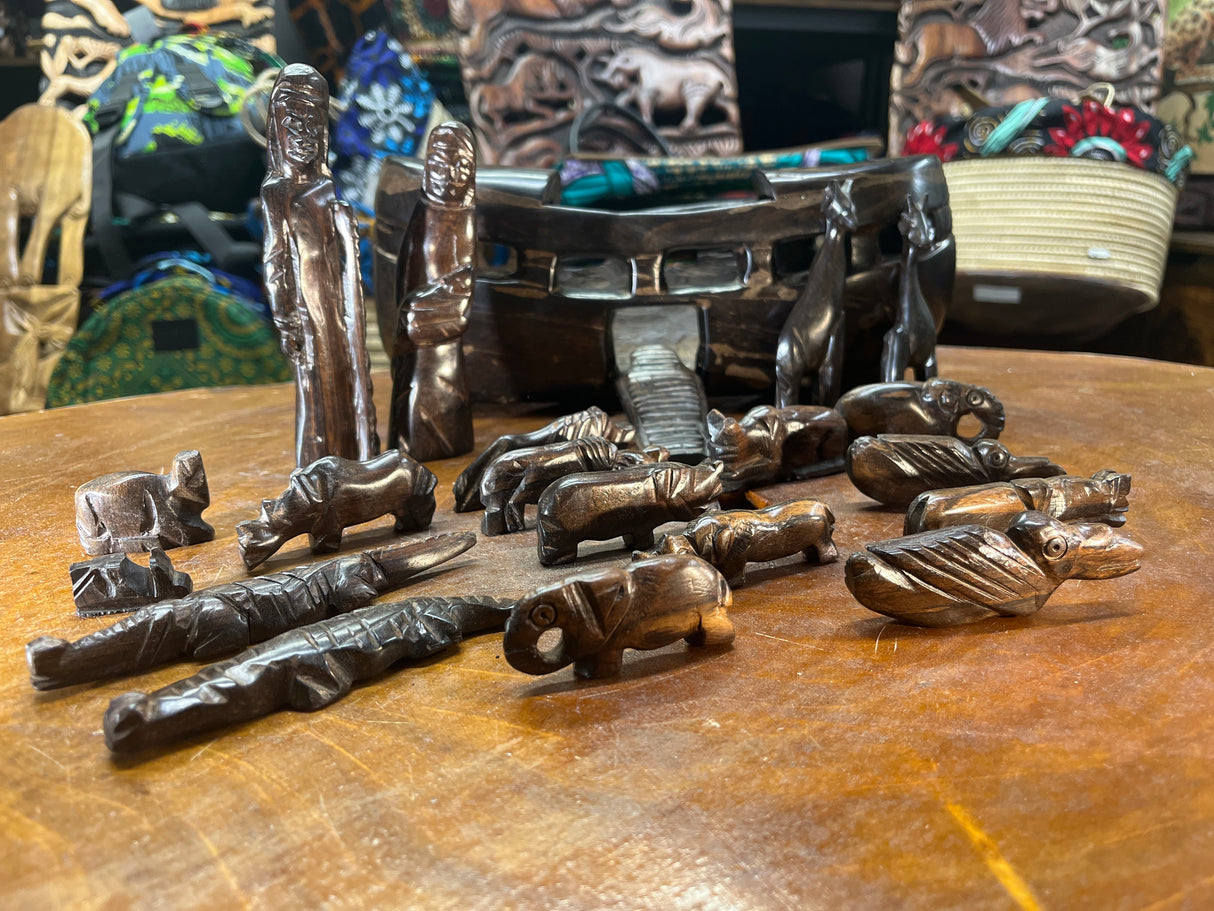 Hand Carved Ebony Noah’s Ark With Animals and Noah and Spouse