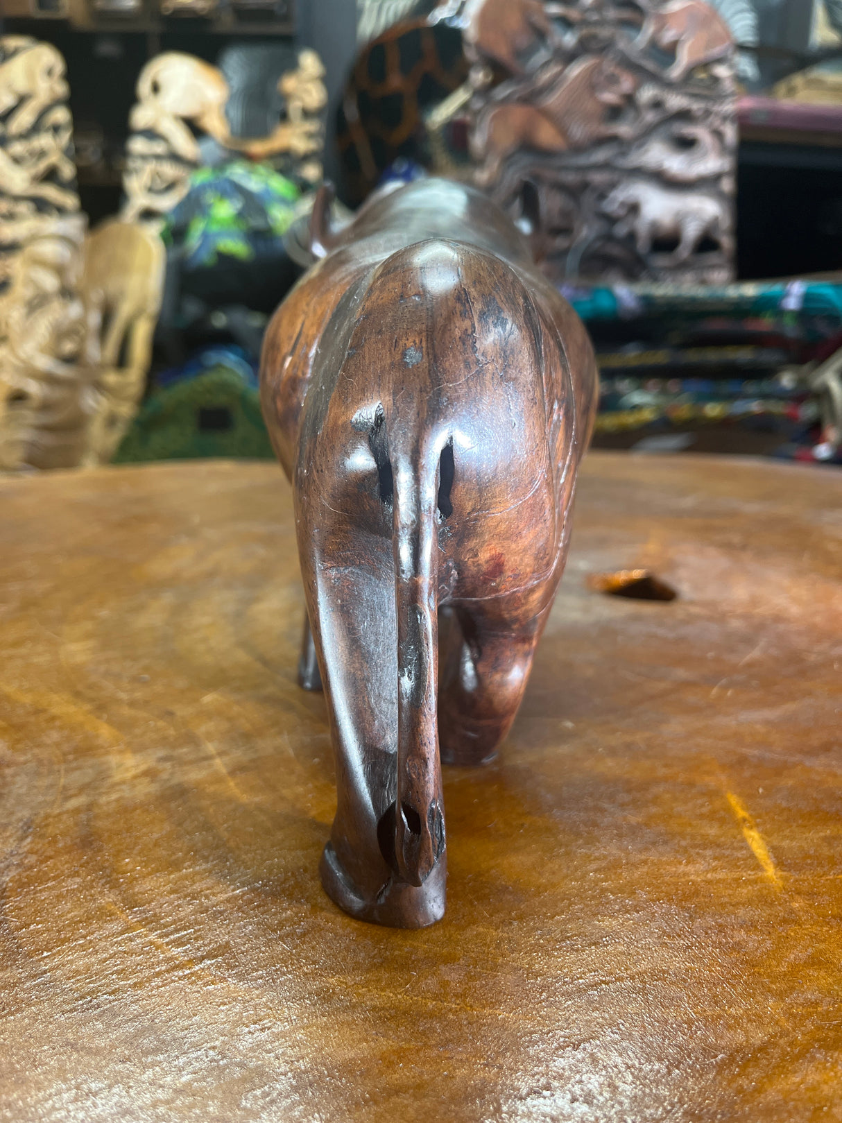 Hand Carved Dark Brown Wooden Buffalo With Horns