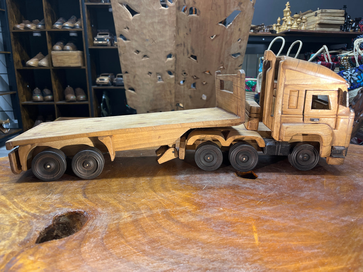 Hand Carved Truck & Trailer Wooden Model With A Car