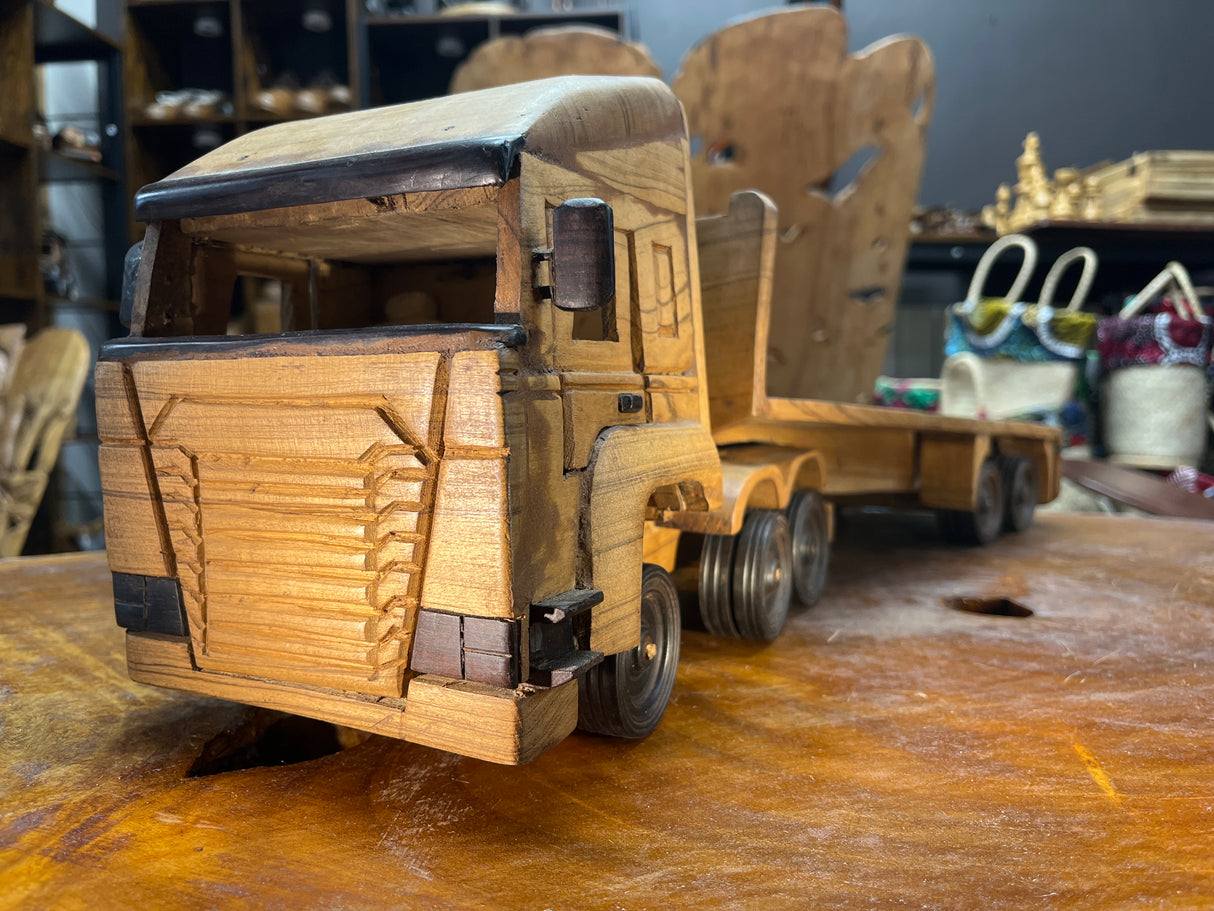 Hand Carved Truck & Trailer Wooden Model With A Car