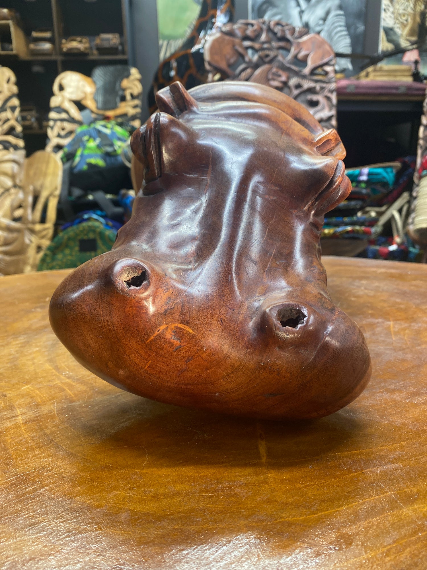 Big Reddish Colour Hand Carved Wooden Hippo - Mouth Closed (Heavy Piece)