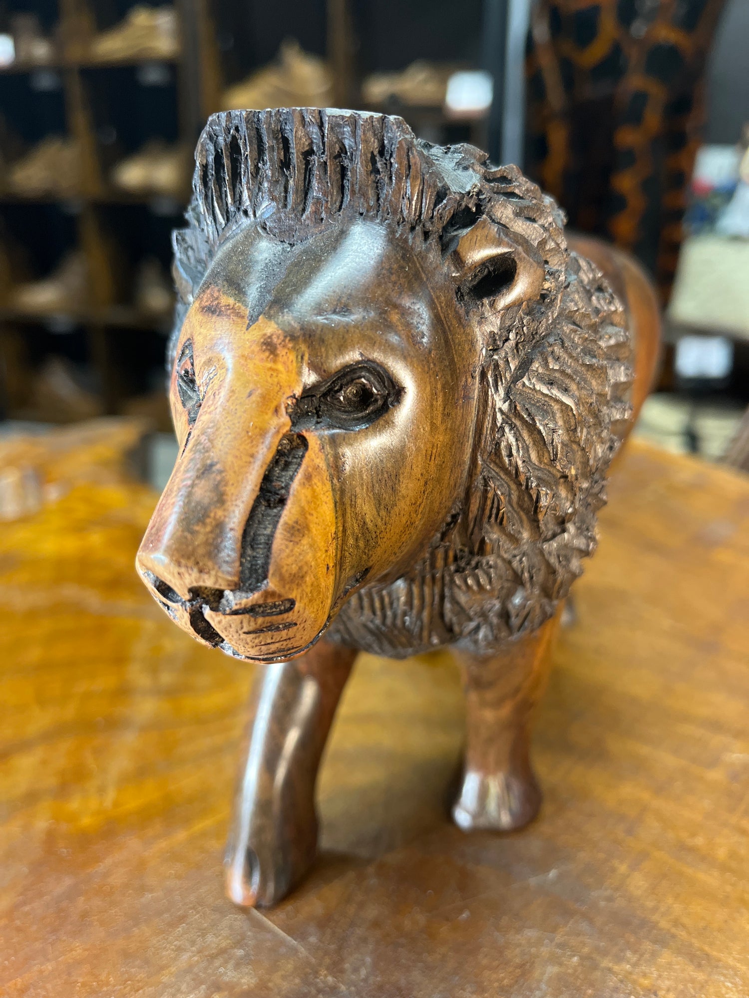 Hand Carved Wooden Large Bold Lion With Stunning Graining on the Face and Throughout