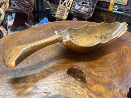 Medium Size Handmade Wooden Leaf Salad and Serving Dish (Long Stem)