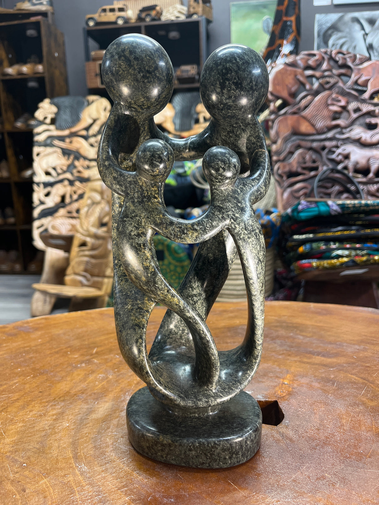 Hand Carved Stunning Green Stone Abstract Sculpture - Parents and Two Children (Wide)