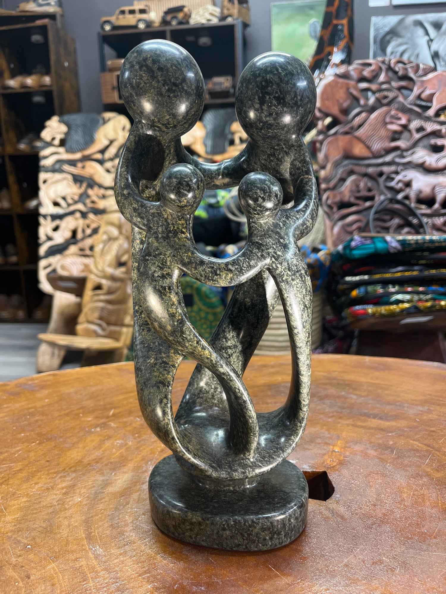 Hand Carved Stunning Green Stone Abstract Sculpture - Parents and Two Children (Wide)