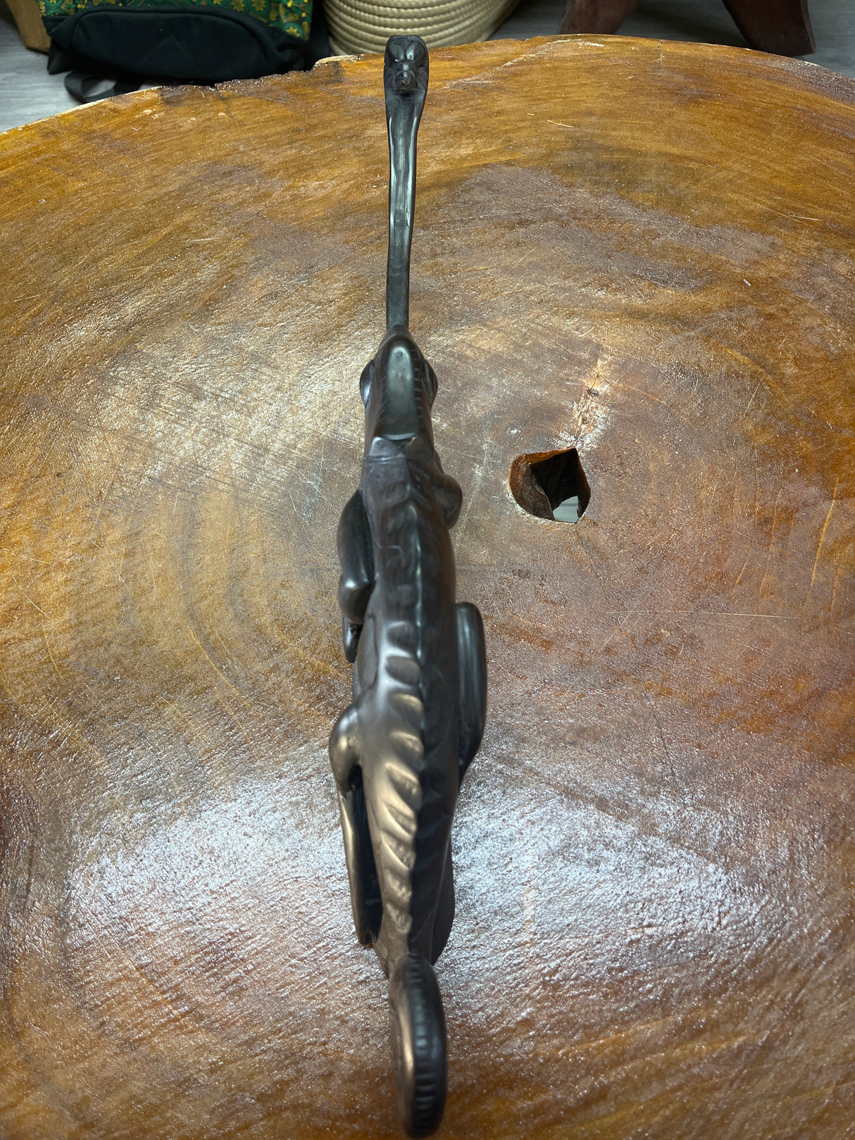 Hand Carved Ebony Lizard / Gecko on a Tree Branch Catching a Fly