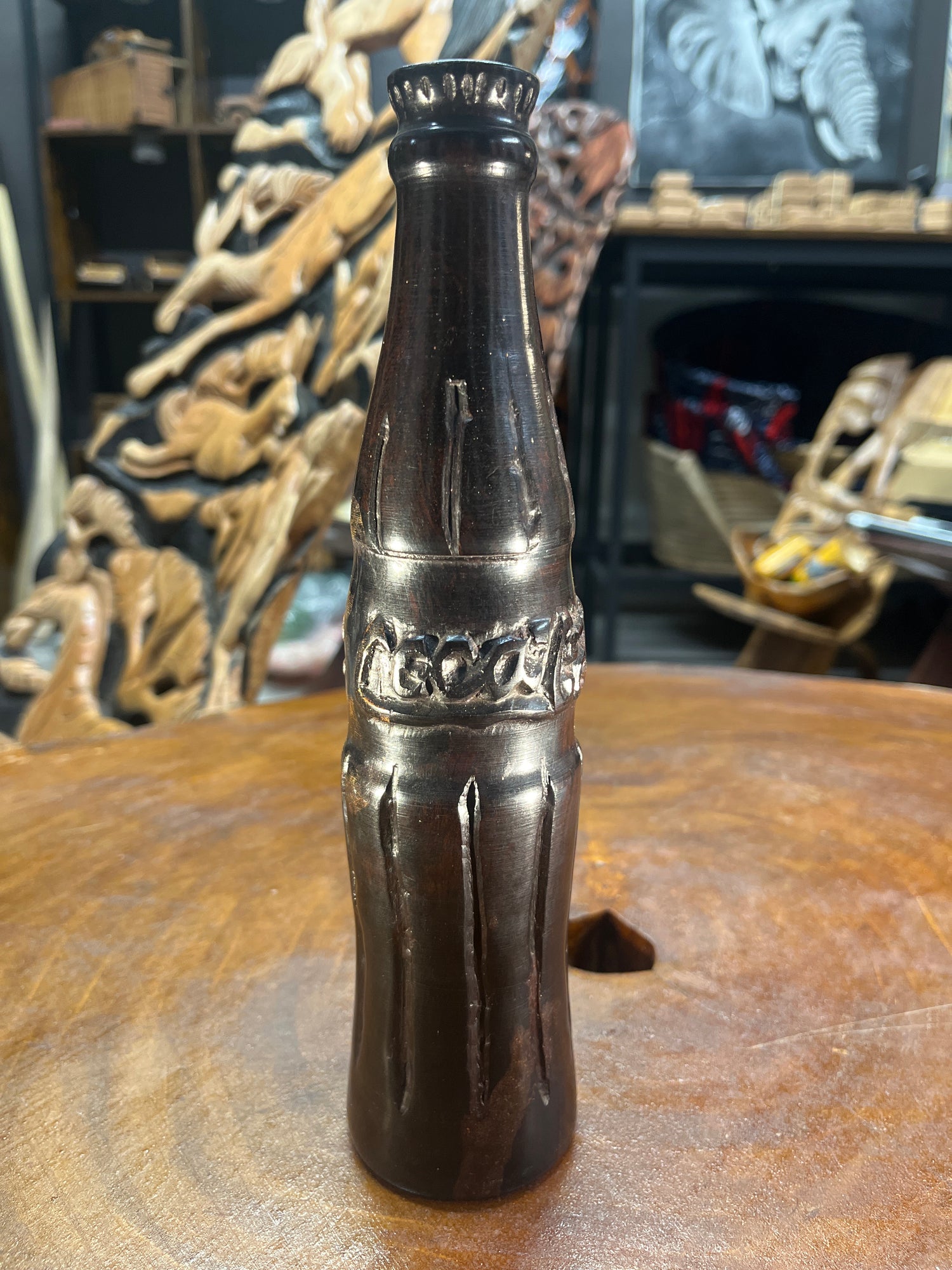 Polished Ebony Hand Carved Coca-Cola (Coke) Bottle (Tanzania)