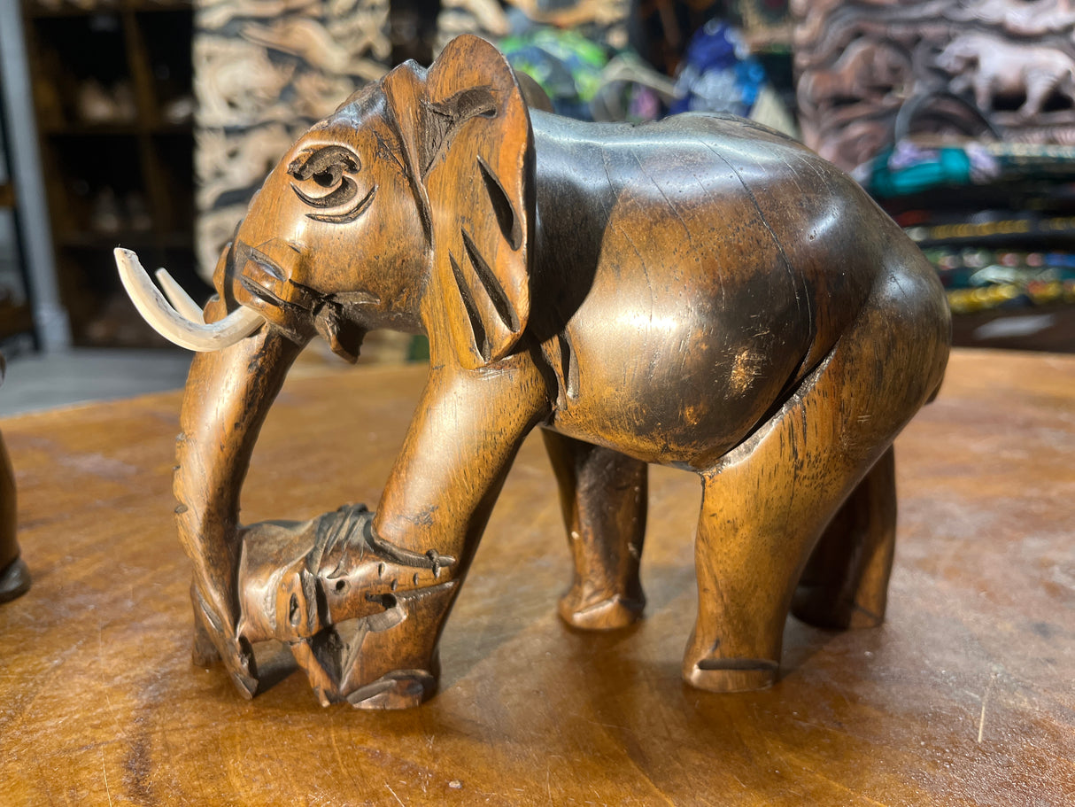 Hand Carved Wooden Elephant - Mother and Baby Malawi (Medium)