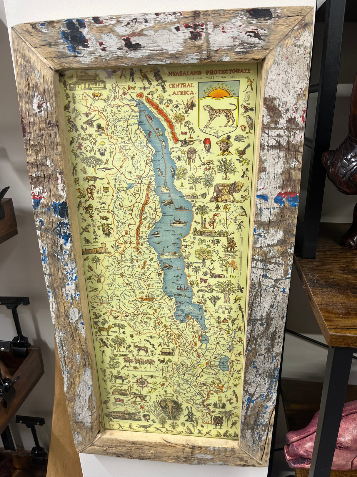 Detailed Map Drawing of Malawi framed on reclaimed Canoe Wood from Lake Malawi