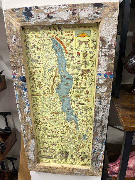 Detailed Map Drawing of Malawi framed on reclaimed Canoe Wood from Lake Malawi