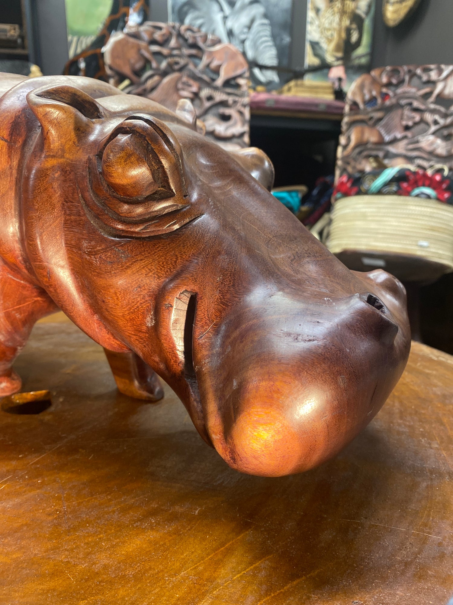 Big Reddish Colour Hand Carved Wooden Smiling Hippo - Mouth Closed (Very Heavy Piece)
