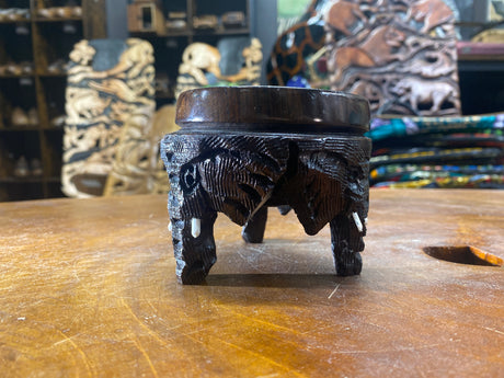 Intricate Ebony Hand Carved Elephant Head Coin / Jewellery Dish