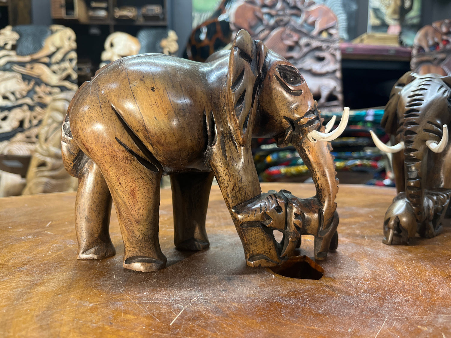 Hand Carved Wooden Elephant - Mother and Baby Malawi (Medium)