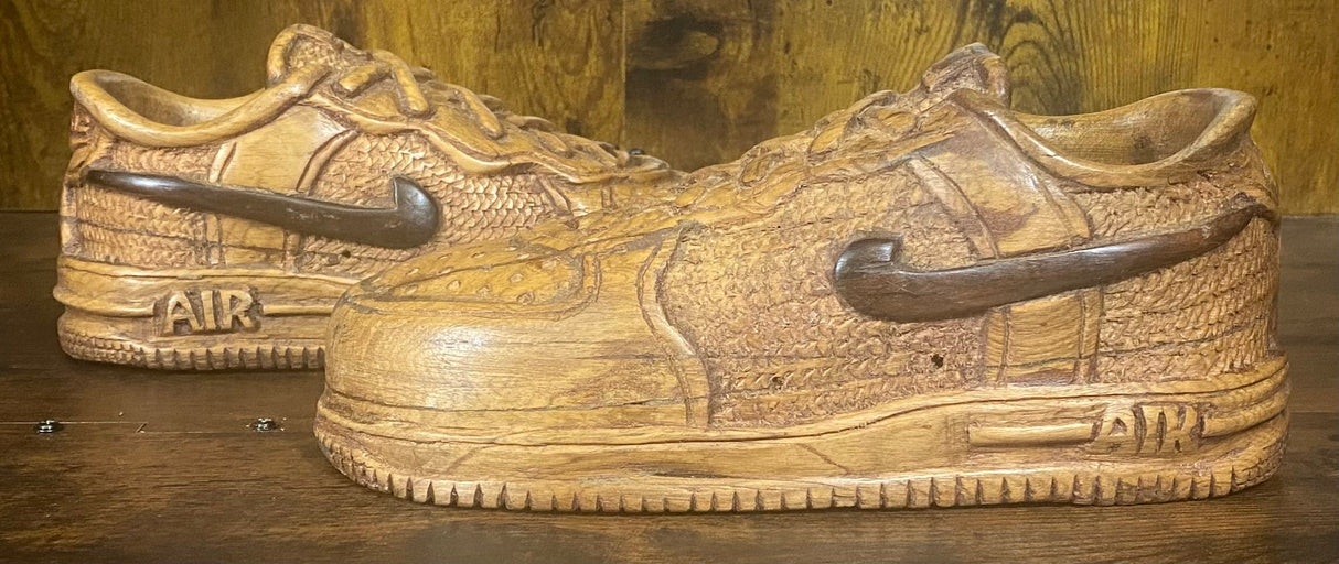 Pair of Nike Air Force One Low V1.1 Hand Carved Mahogany Display Piece