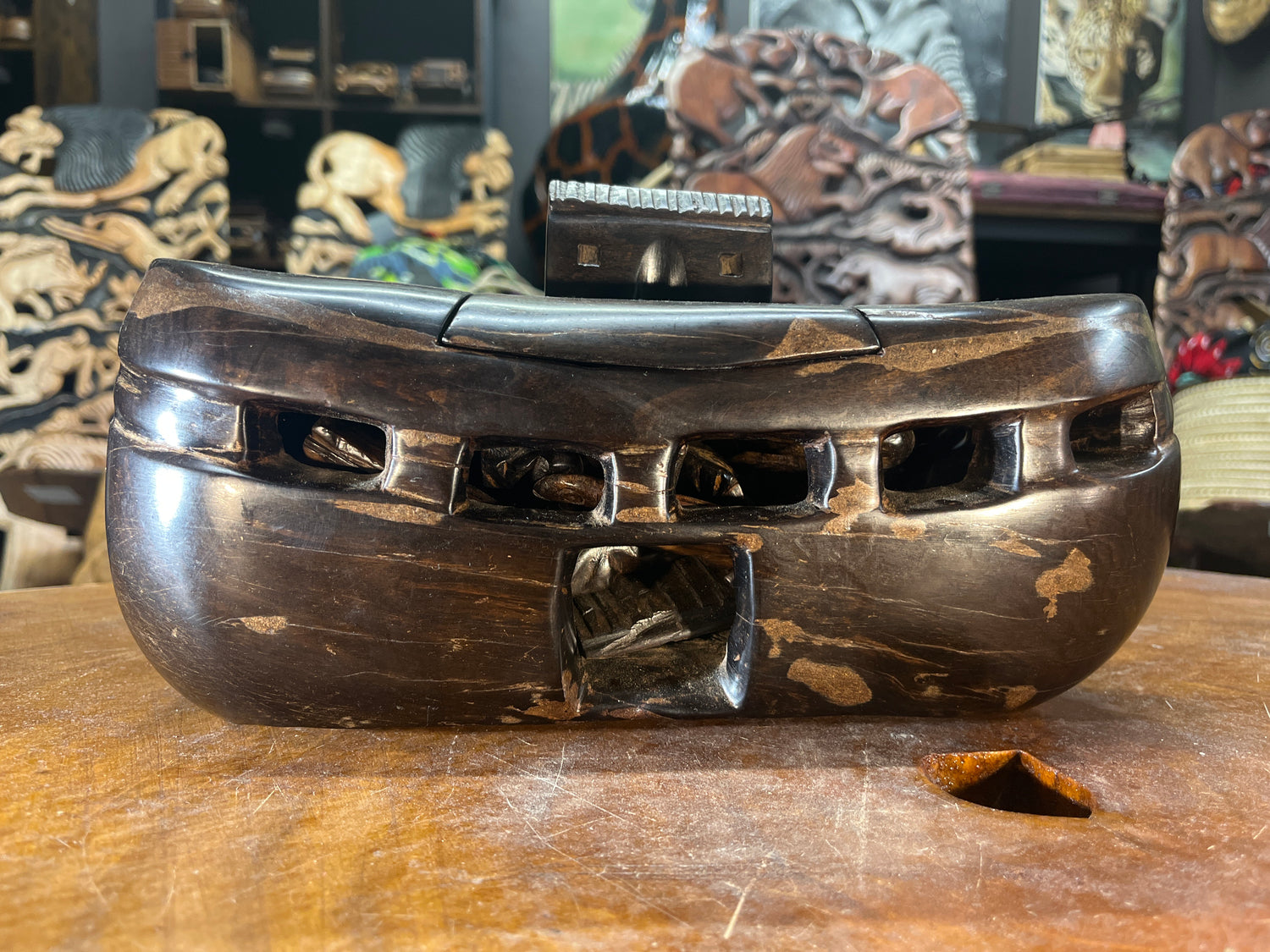 Hand Carved Ebony Noah’s Ark With Animals and Noah and Spouse