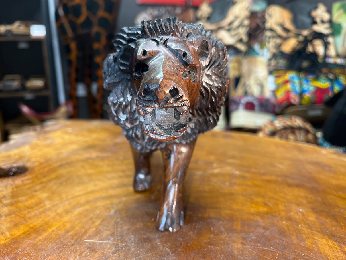 Hand Carved Wooden Reddish Brown Growling Lion