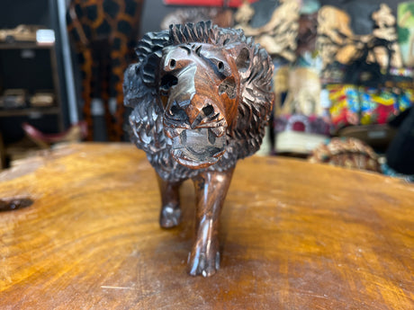 Hand Carved Wooden Reddish Brown Growling Lion