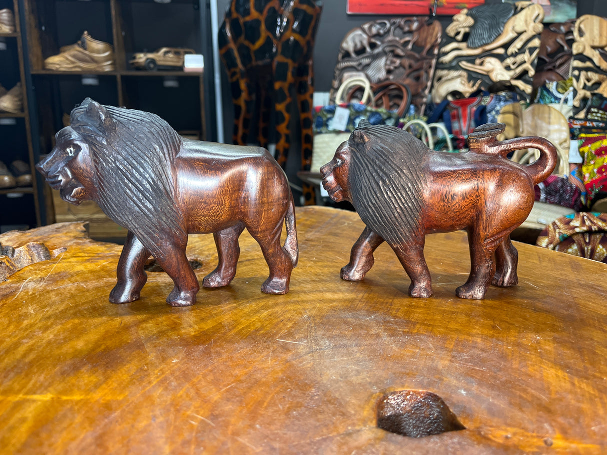 Dark Red / Brown Wooden Hand Carved Lions - Stunning Facial Features and Realism