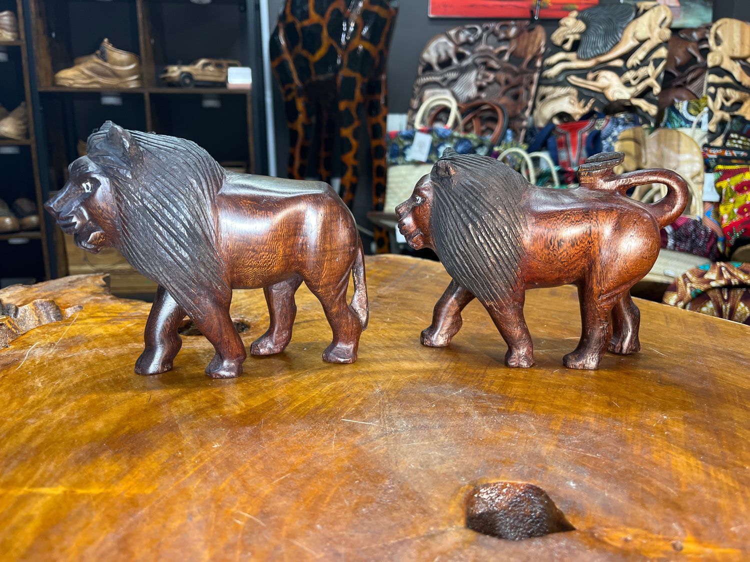 Dark Red / Brown Wooden Hand Carved Lions - Stunning Facial Features and Realism