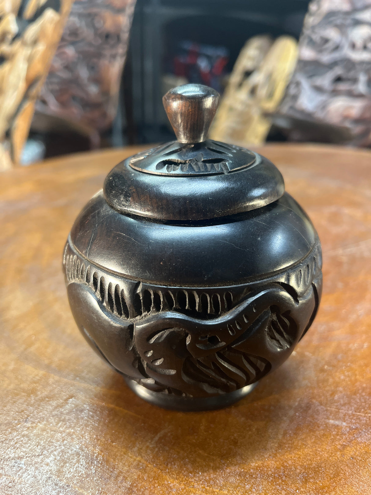 Small Handmade Animal carved Ebony Storage Pot