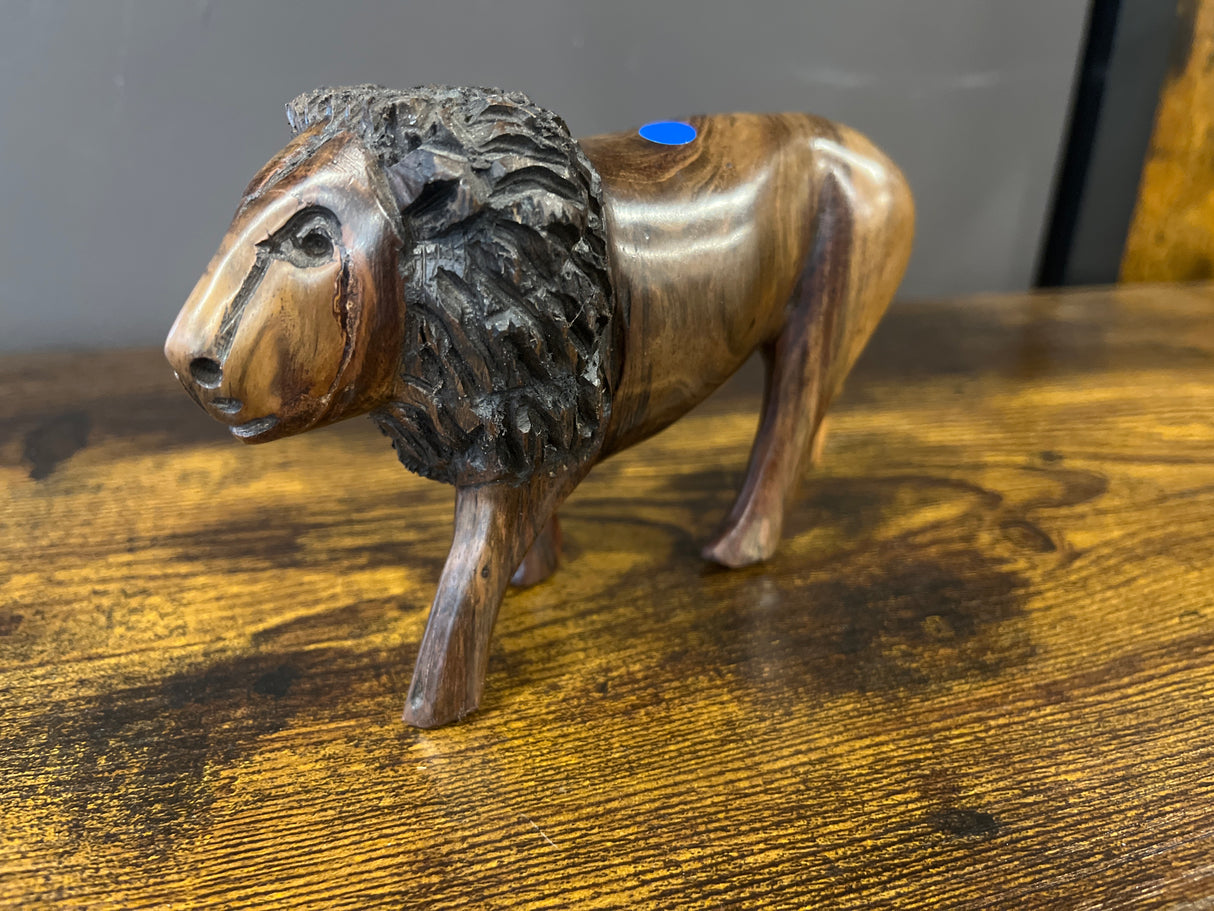 Small Hand Carved Wooden Lion Fresh Faced with An Intricate Mane