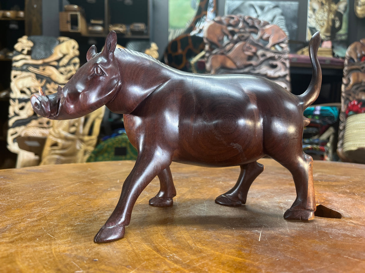 Hand Carved Dark Brown Wooden Warthog With Horns