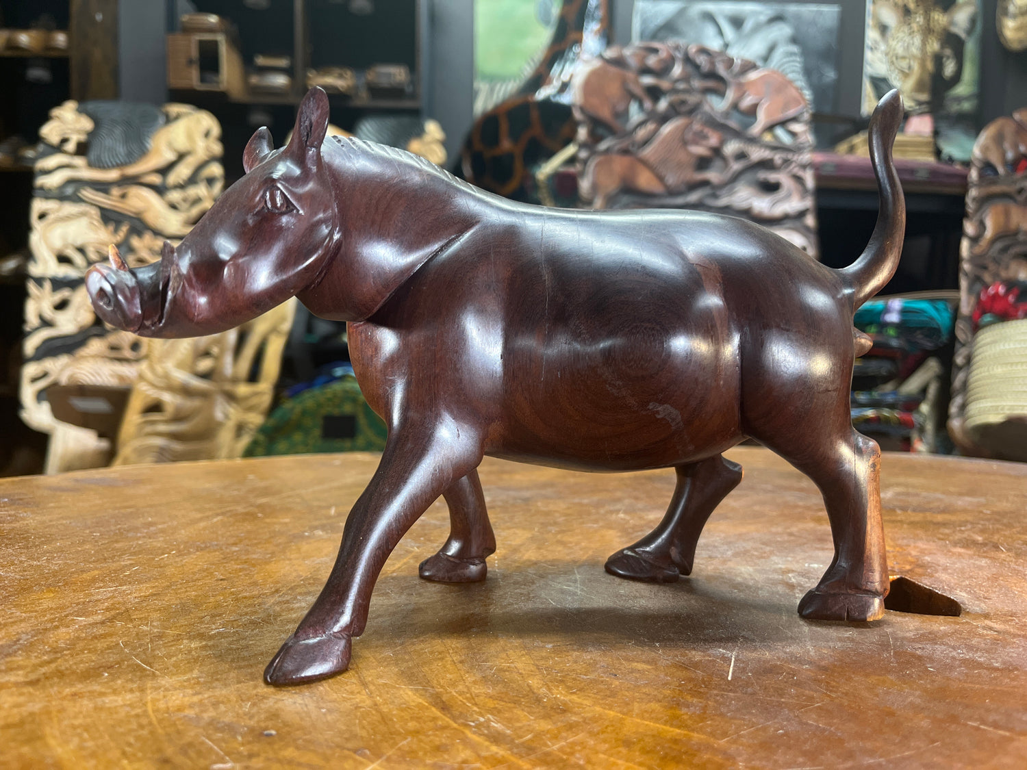Hand Carved Dark Brown Wooden Warthog With Horns