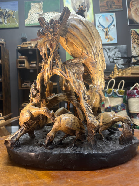 Intricately Hand Carved Vulture Feeding Frenzy On a Tree Wooden Statue