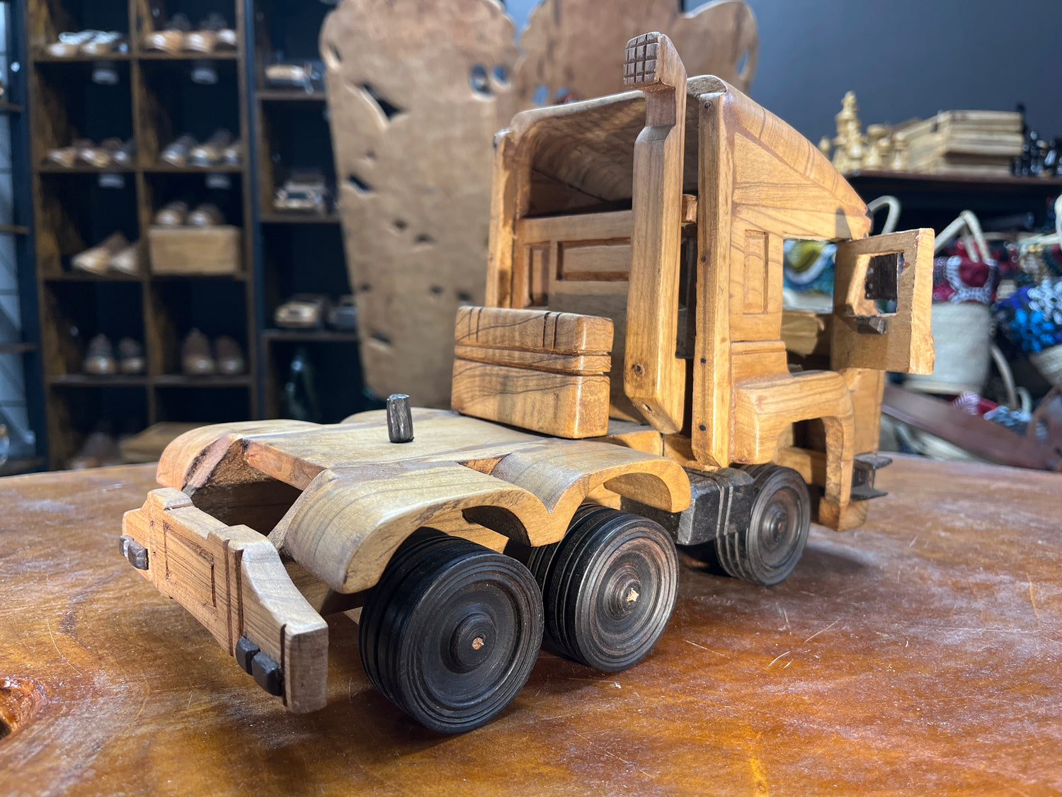 Hand Carved Truck & Trailer Wooden Model With A Car