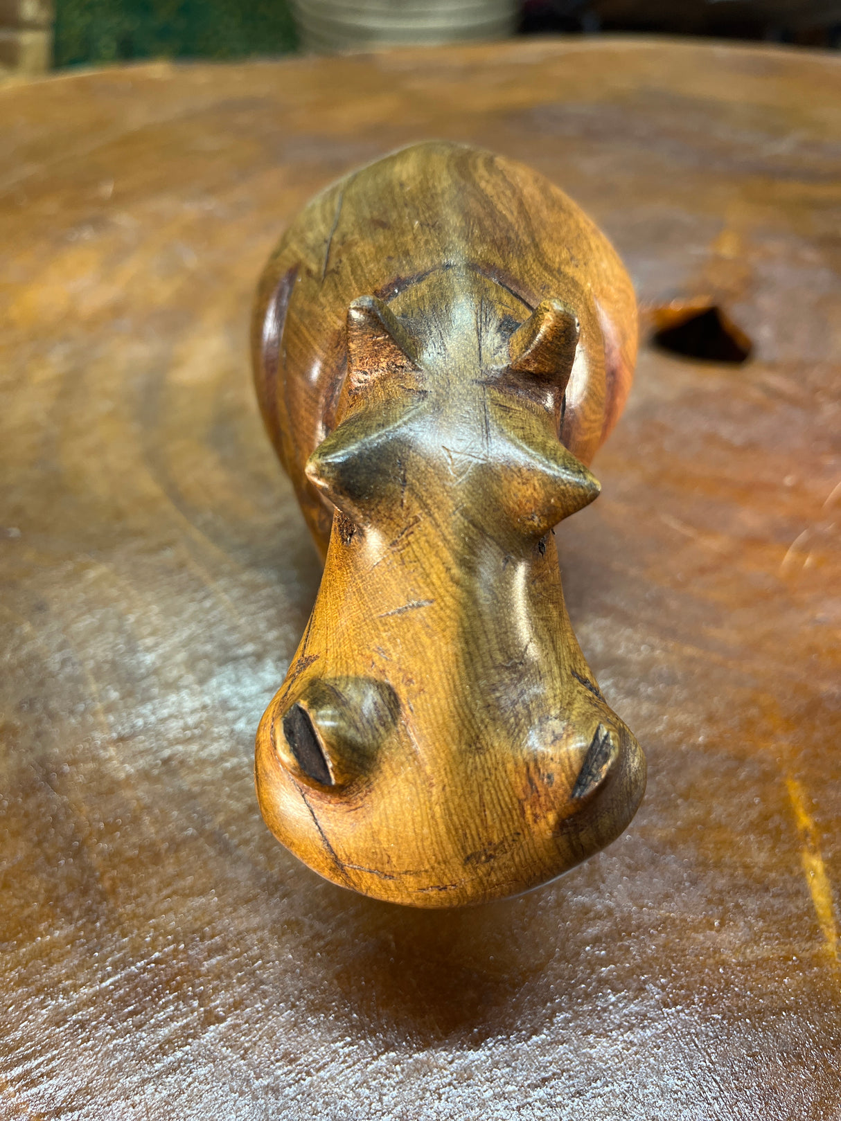 Small Hand Carved Light Brown Grained Wood Hippo - Mouth Closed
