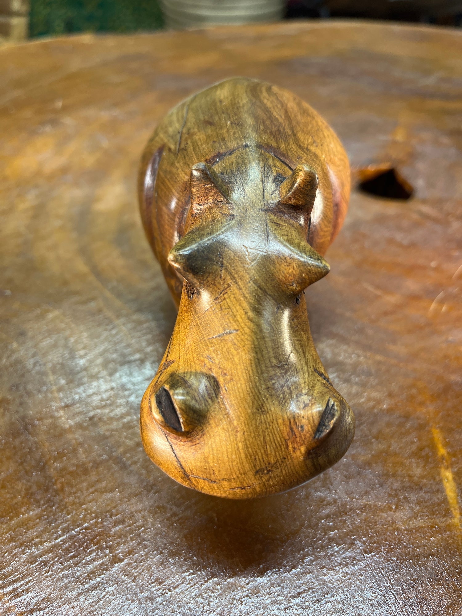 Small Hand Carved Light Brown Grained Wood Hippo - Mouth Closed