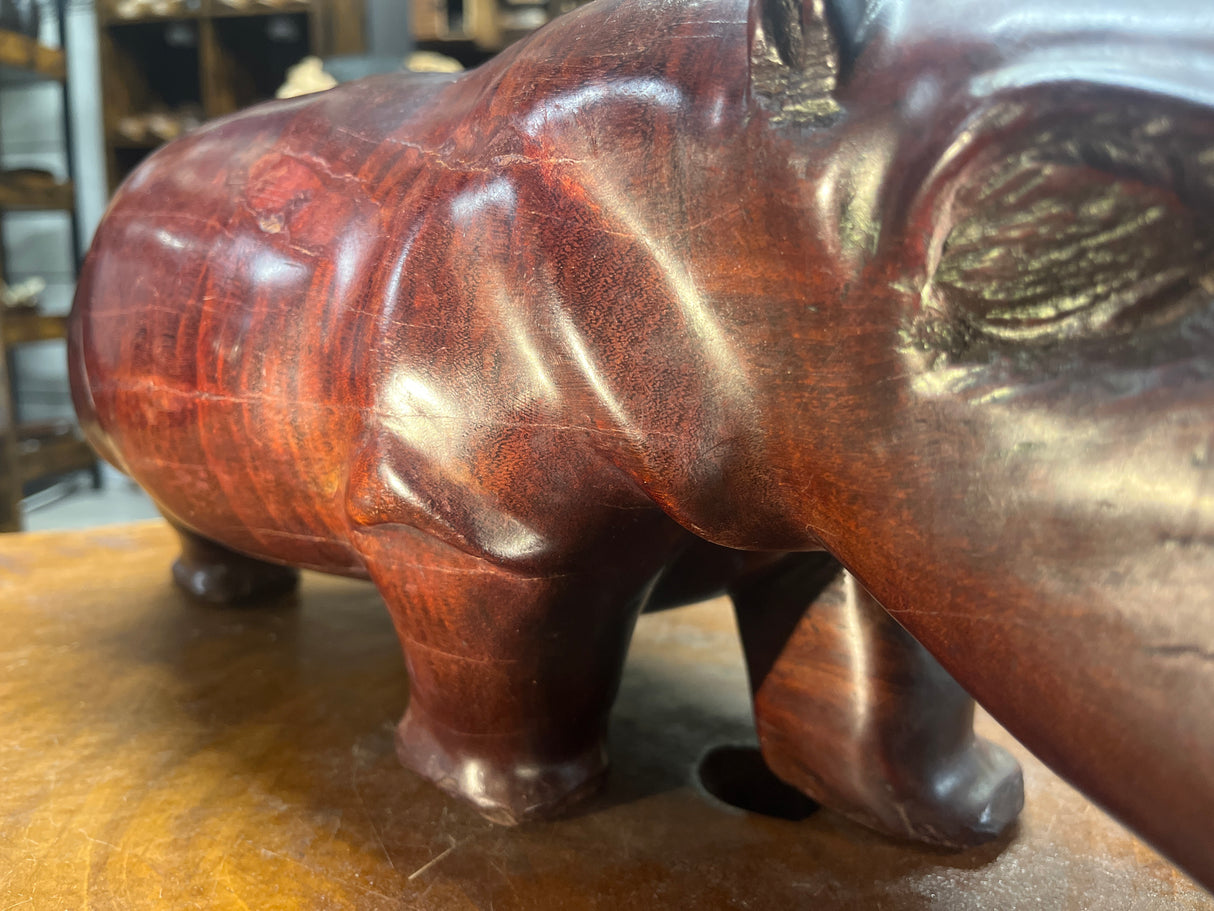Big Reddish Colour Hand Carved Wooden Hippo - Mouth Open With Teeth (Heavy Piece)
