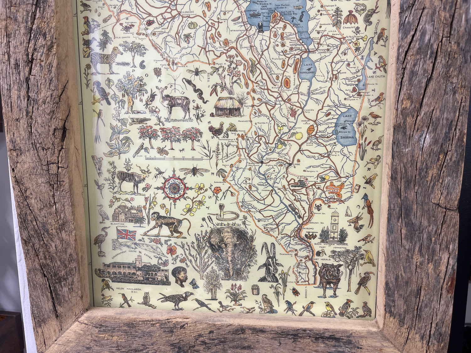 Detailed Map Drawing of Malawi framed on reclaimed Canoe Wood from Lake Malawi
